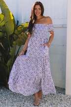 Lavender Ditsy Floral Off Shoulder Maxi Dress