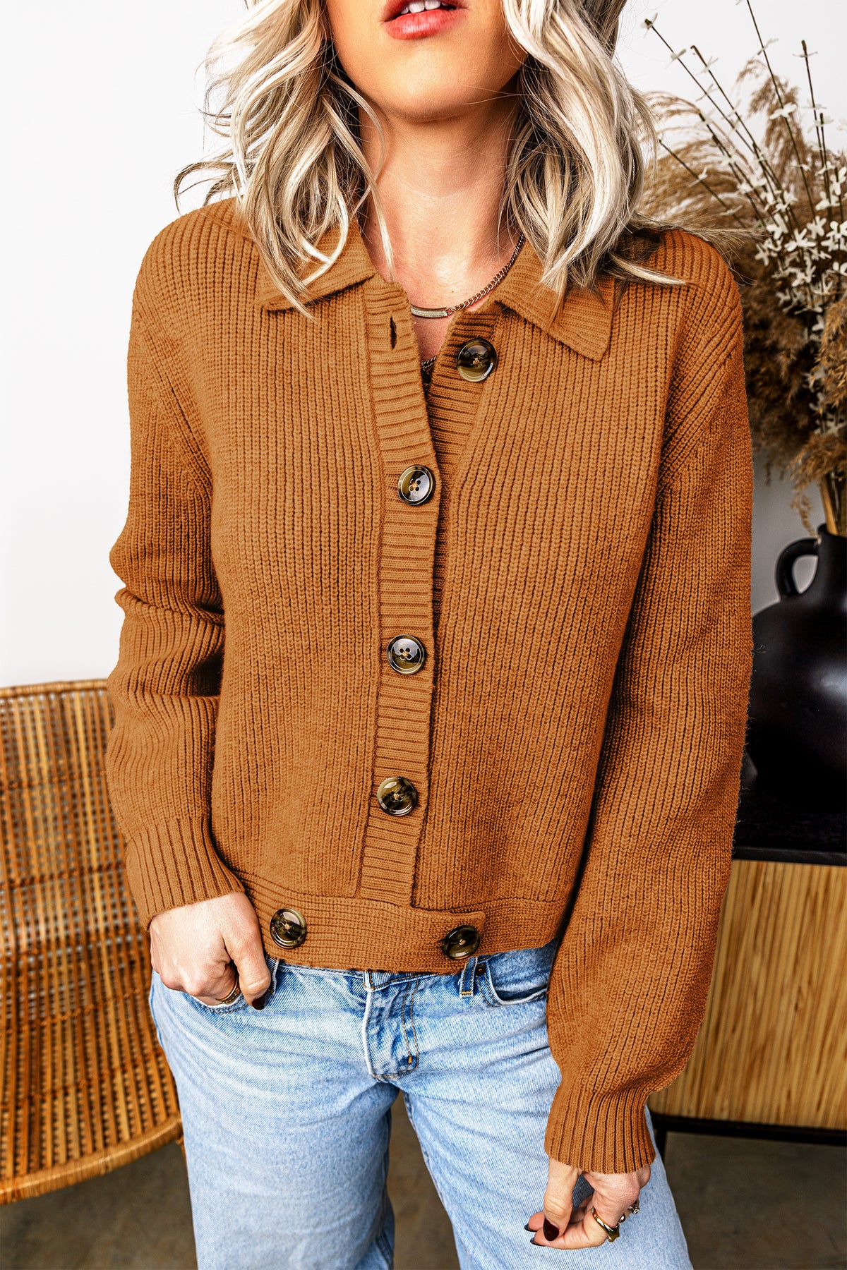 Caramel Collar Neck Button Front Cardigan