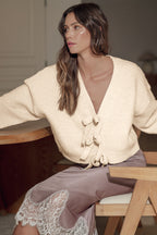 Cream Bow Front V-Neck Cardigan