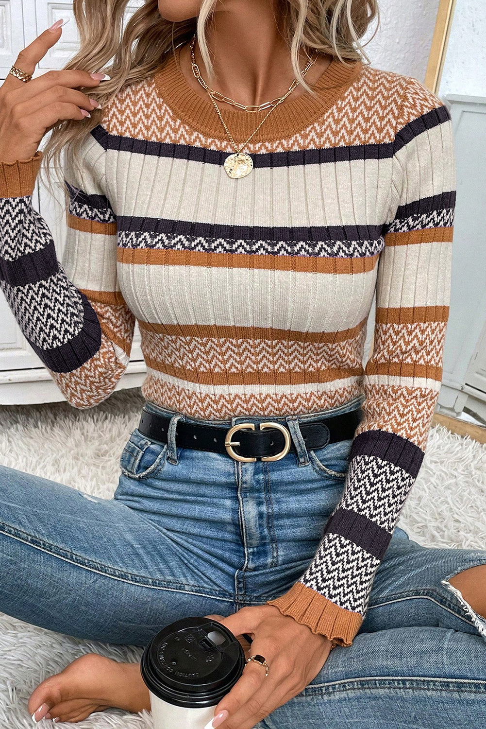 Camel Fair Isle Ribbed Knit Sweater