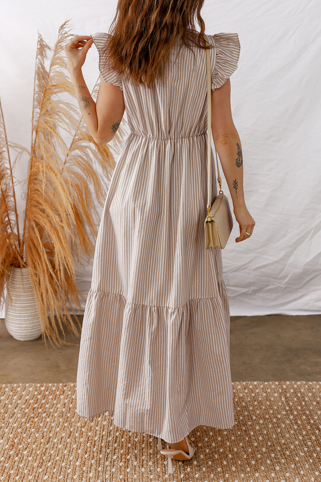 Tan and White Stripe Tiered Maxi Dress