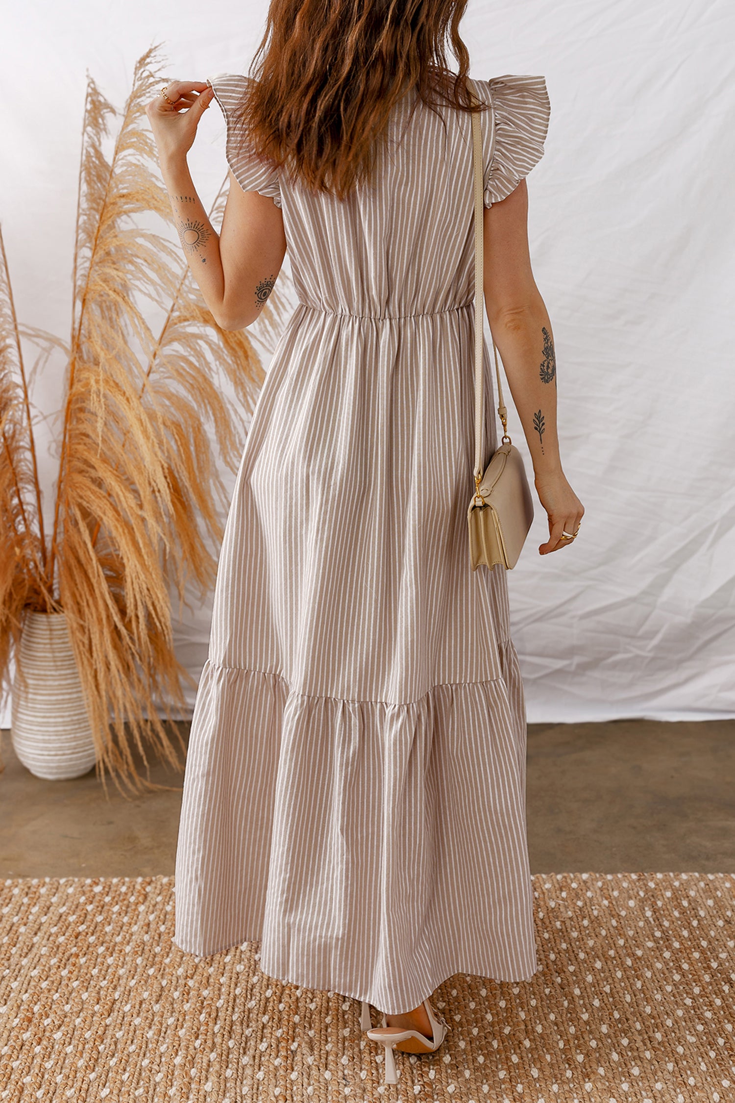 Tan and White Stripe Tiered Maxi Dress