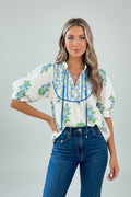 White Botanical Print Puff Sleeve Blouse