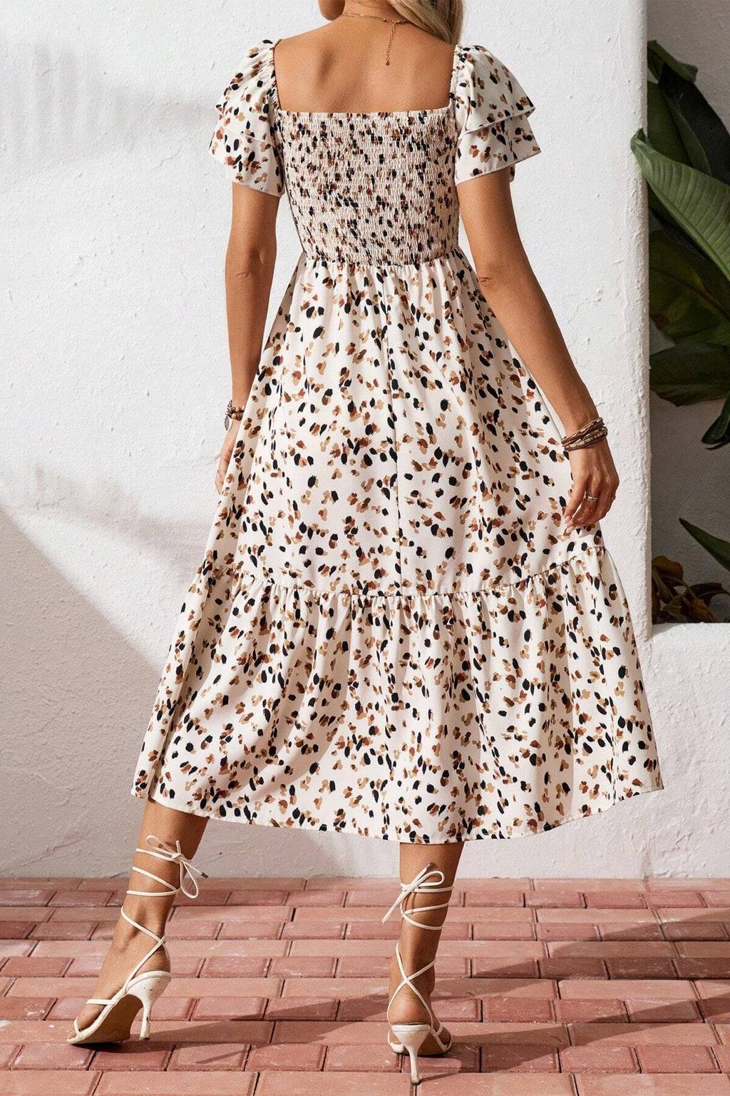 Vanilla Dalmatian Print Shirred Midi Dress