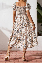 Vanilla Dalmatian Print Shirred Midi Dress
