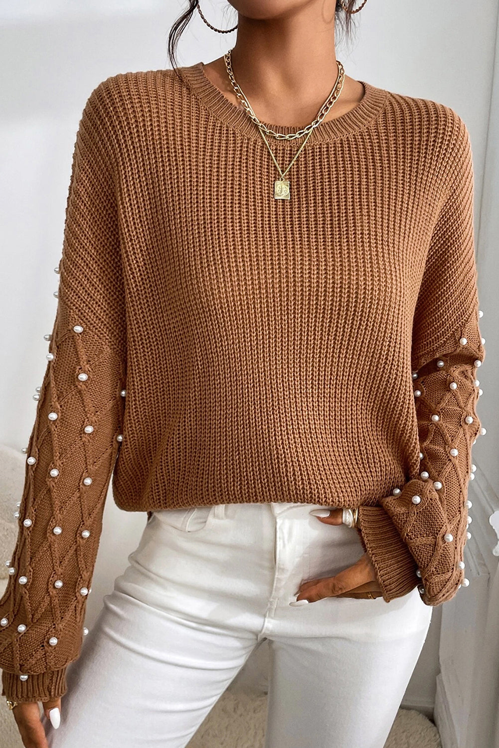 Caramel Beaded Ribbed Knit Sweater