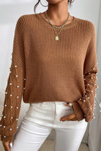 Caramel Beaded Ribbed Knit Sweater