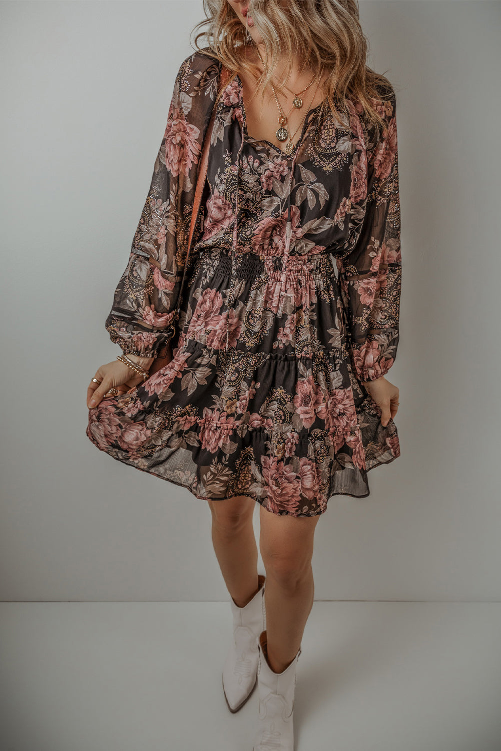 Black Rosewood Floral Tiered Mini Dress