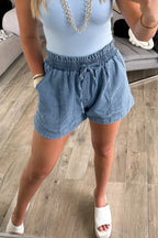 Light Wash Smocked High-Waist Denim Shorts