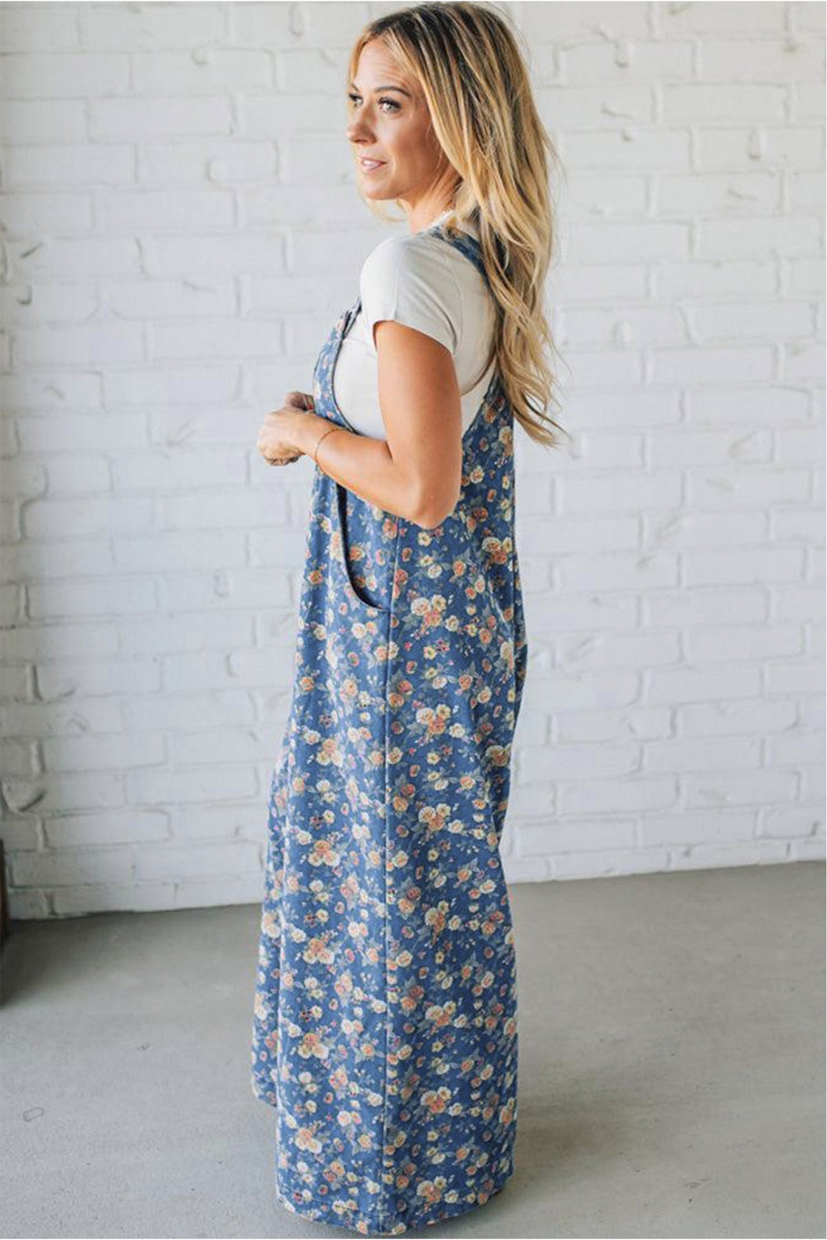 Dusty Blue Floral Wide Leg Overall Jumpsuit
