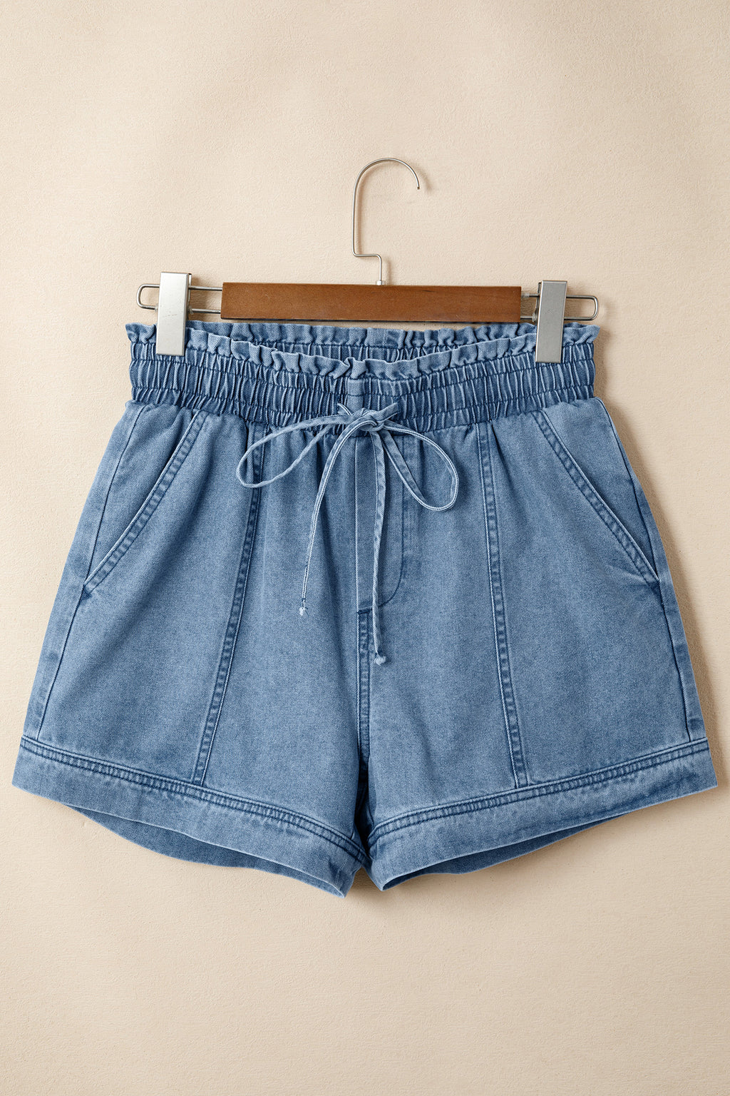 Light Wash Smocked High-Waist Denim Shorts