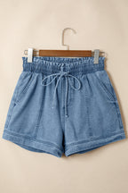 Light Wash Smocked High-Waist Denim Shorts