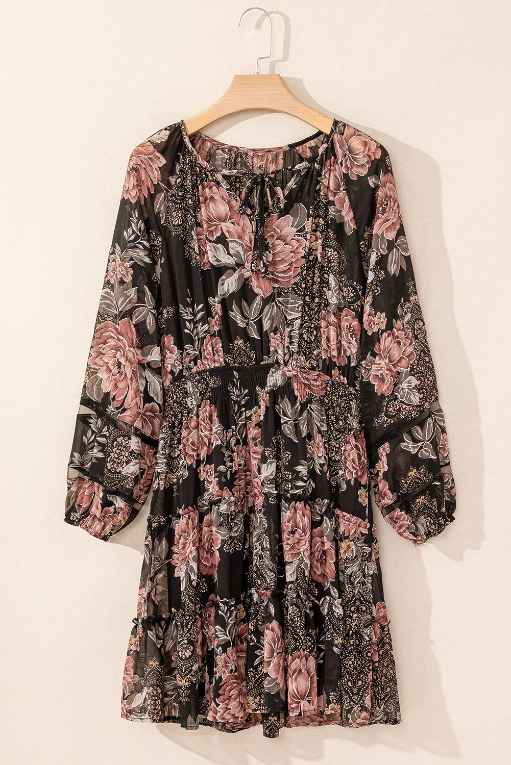 Black Rosewood Floral Tiered Mini Dress