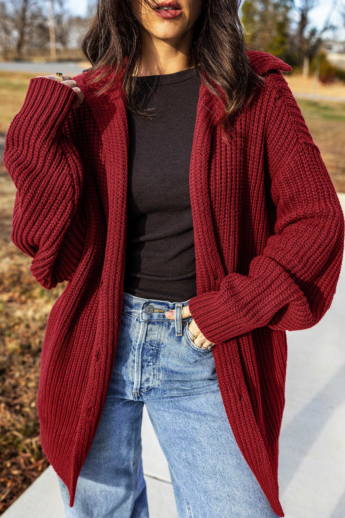 Cranberry Shawl Collar Button Front Cardigan