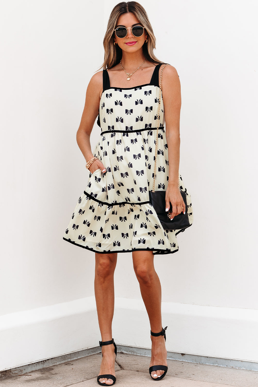 Cream Bow Print Tiered Mini Dress