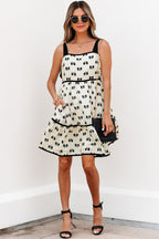 Cream Bow Print Tiered Mini Dress