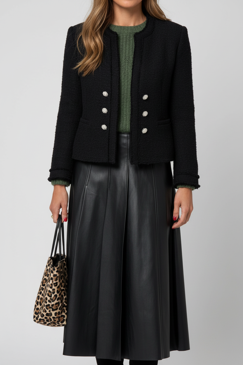 Black Double-Buckle Pleated Faux Leather Midi Skirt