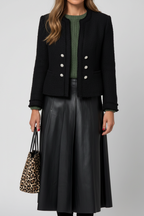 Black Double-Buckle Pleated Faux Leather Midi Skirt