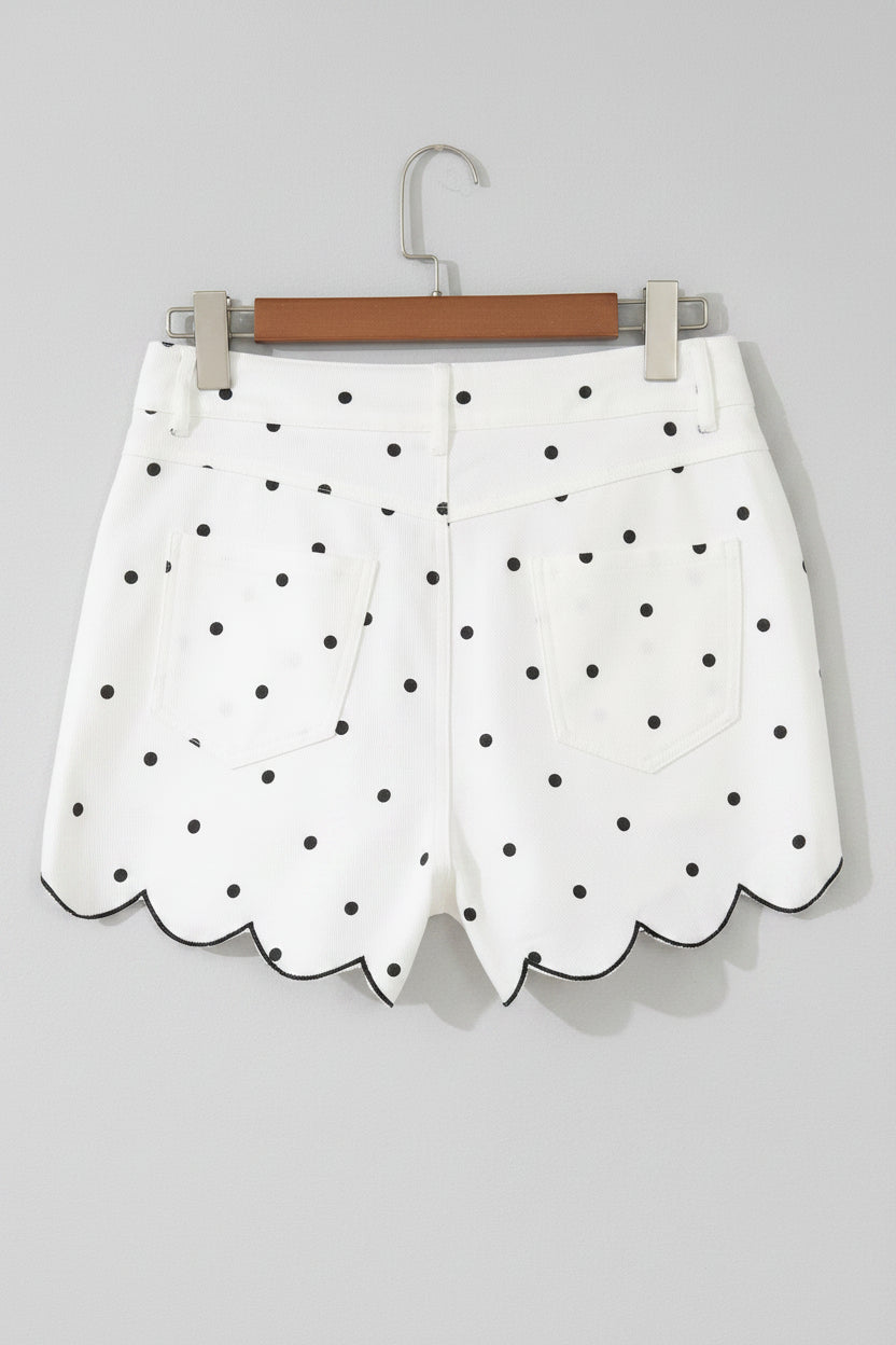 White Polka Dot Scallop-Hem Shorts