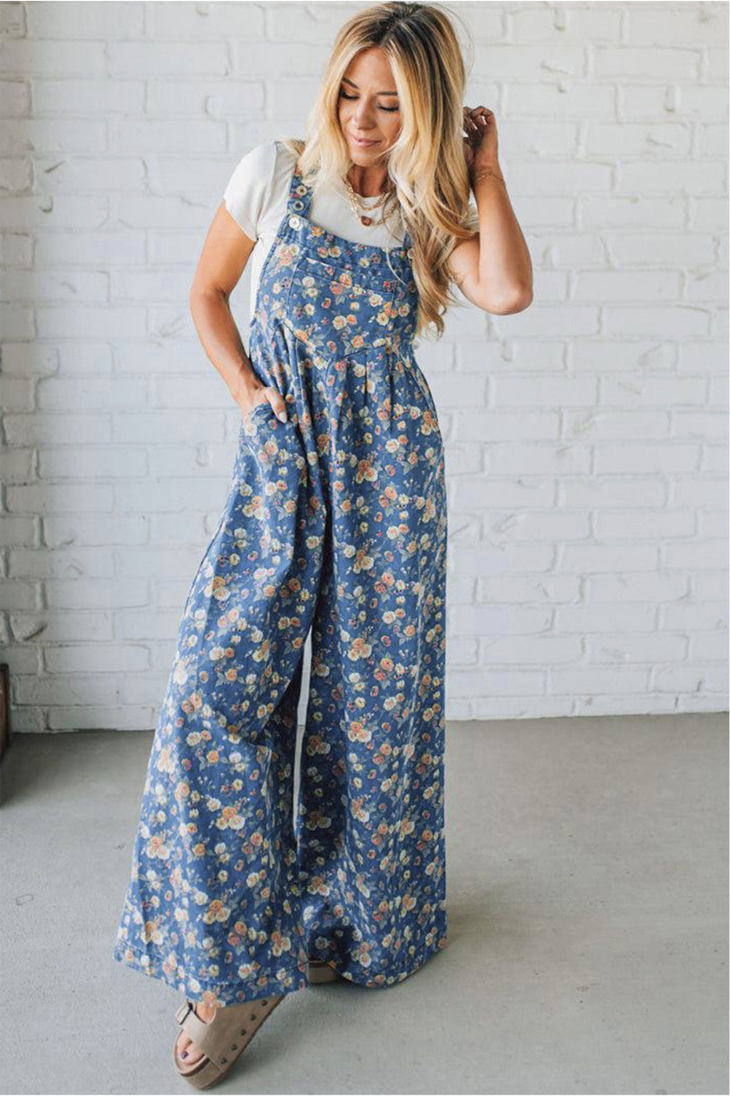 Dusty Blue Floral Wide Leg Overall Jumpsuit