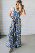 Dusty Blue Floral Wide Leg Overall Jumpsuit