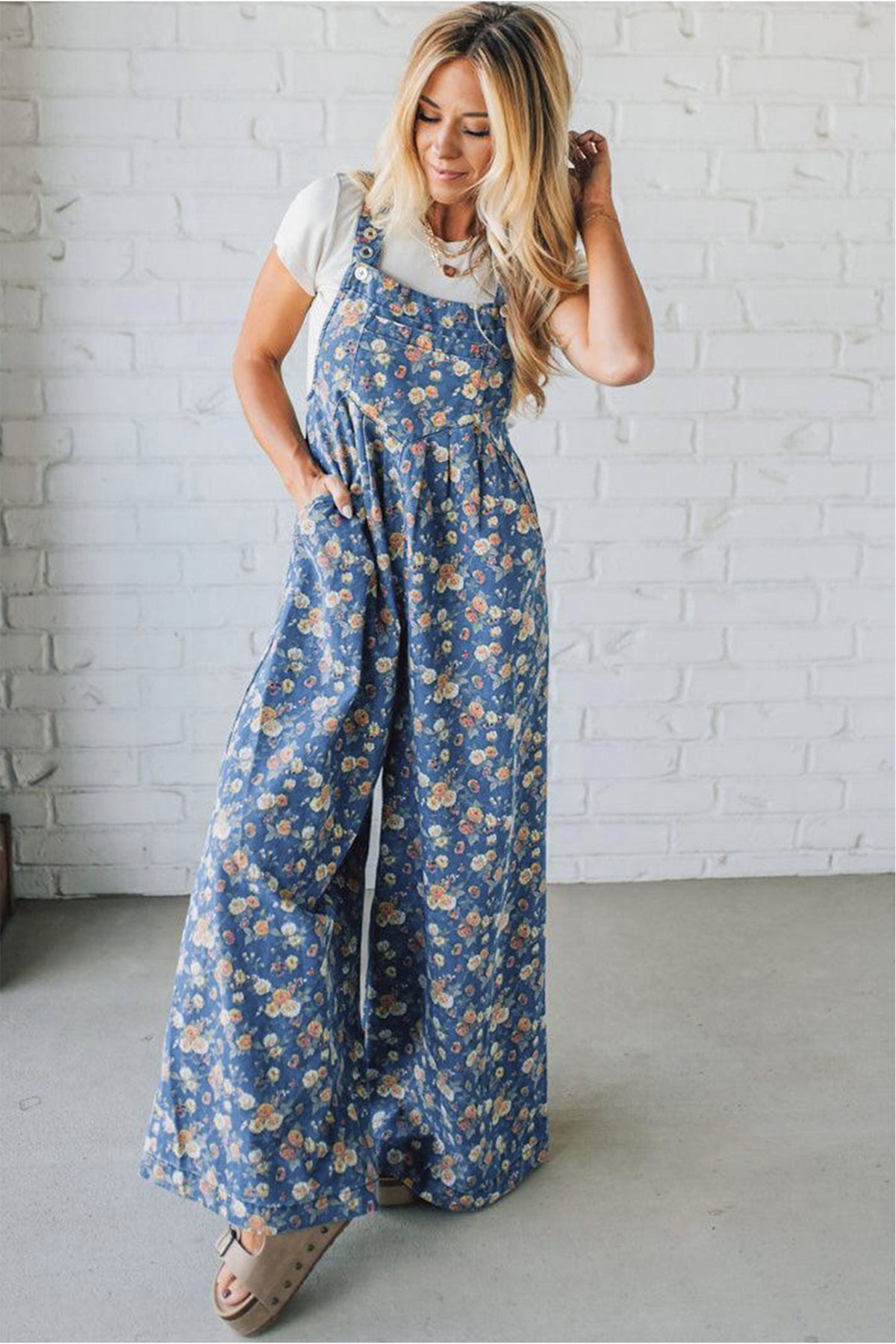 Dusty Blue Floral Wide Leg Overall Jumpsuit