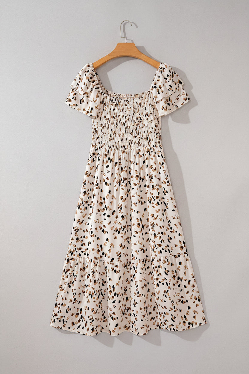 Vanilla Dalmatian Print Shirred Midi Dress