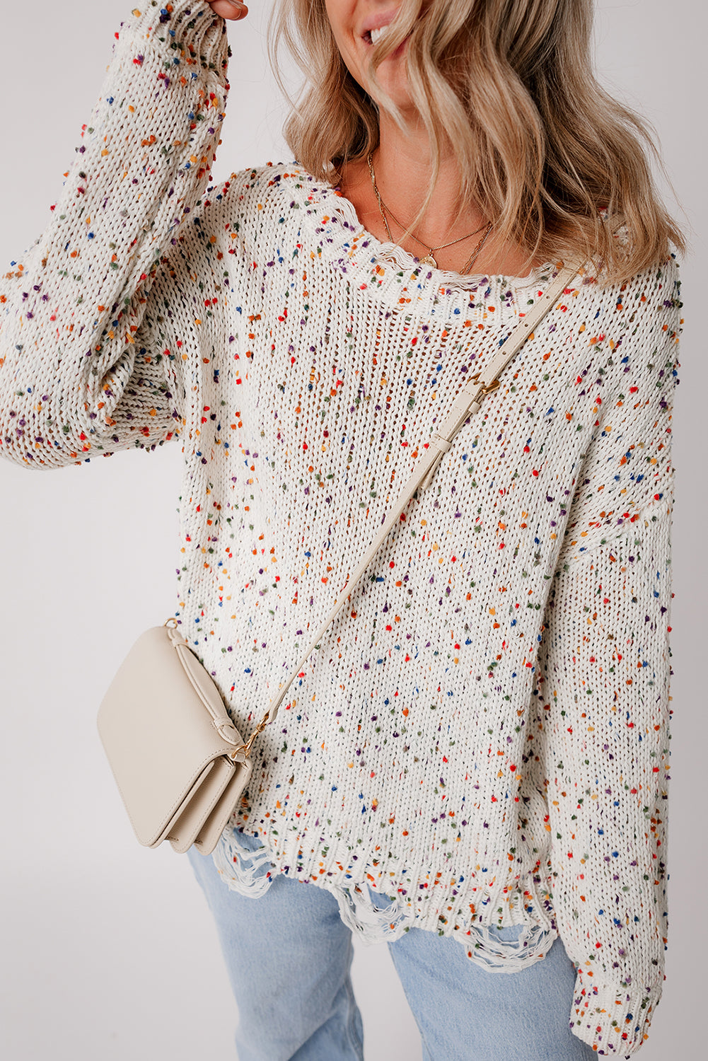 Cream Confetti Distressed Knit Sweater