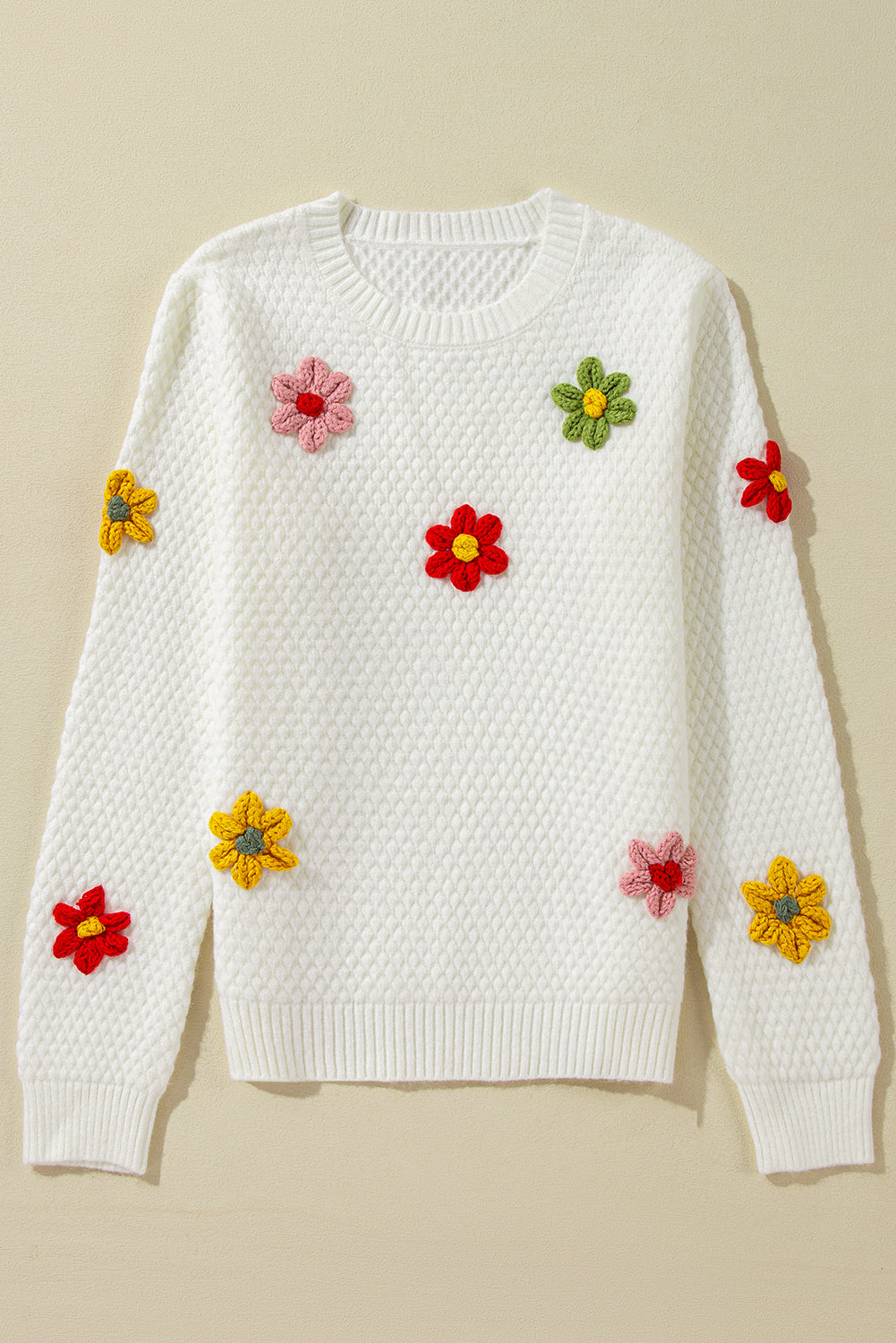 White Crochet Floral Applique Knit Sweater
