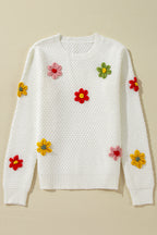 White Crochet Floral Applique Knit Sweater