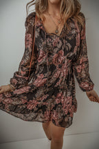 Black Rosewood Floral Tiered Mini Dress