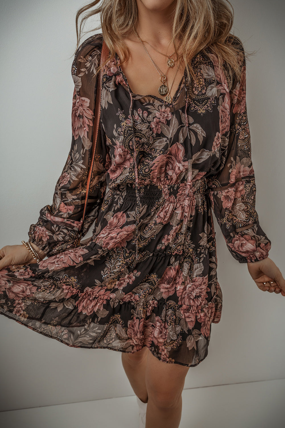 Black Rosewood Floral Tiered Mini Dress