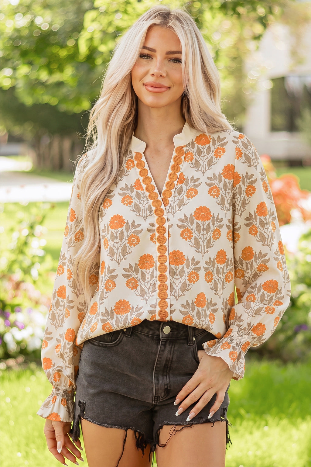 Vanilla Marigold Floral Ruffle Cuff Blouse