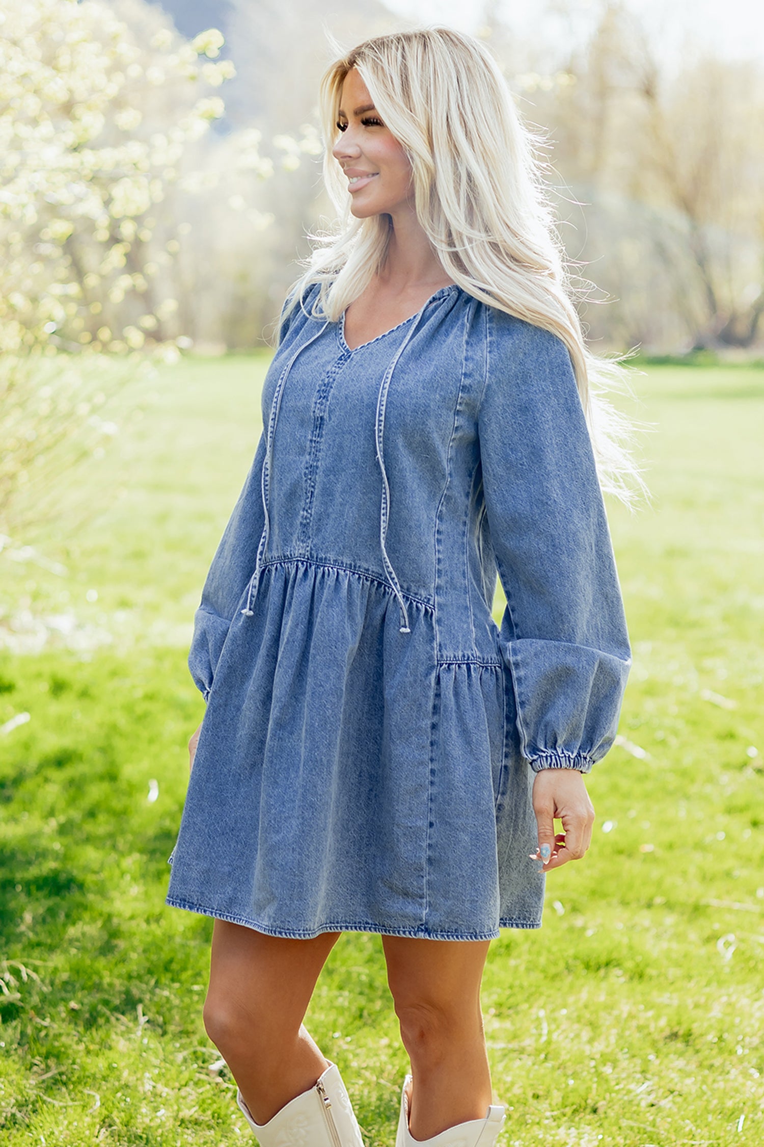 Mid Wash Denim Puff Sleeve Mini Dress