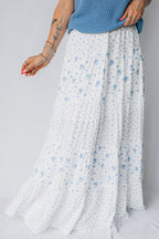 White & Blue Ditsy Floral Tiered Maxi Skirt