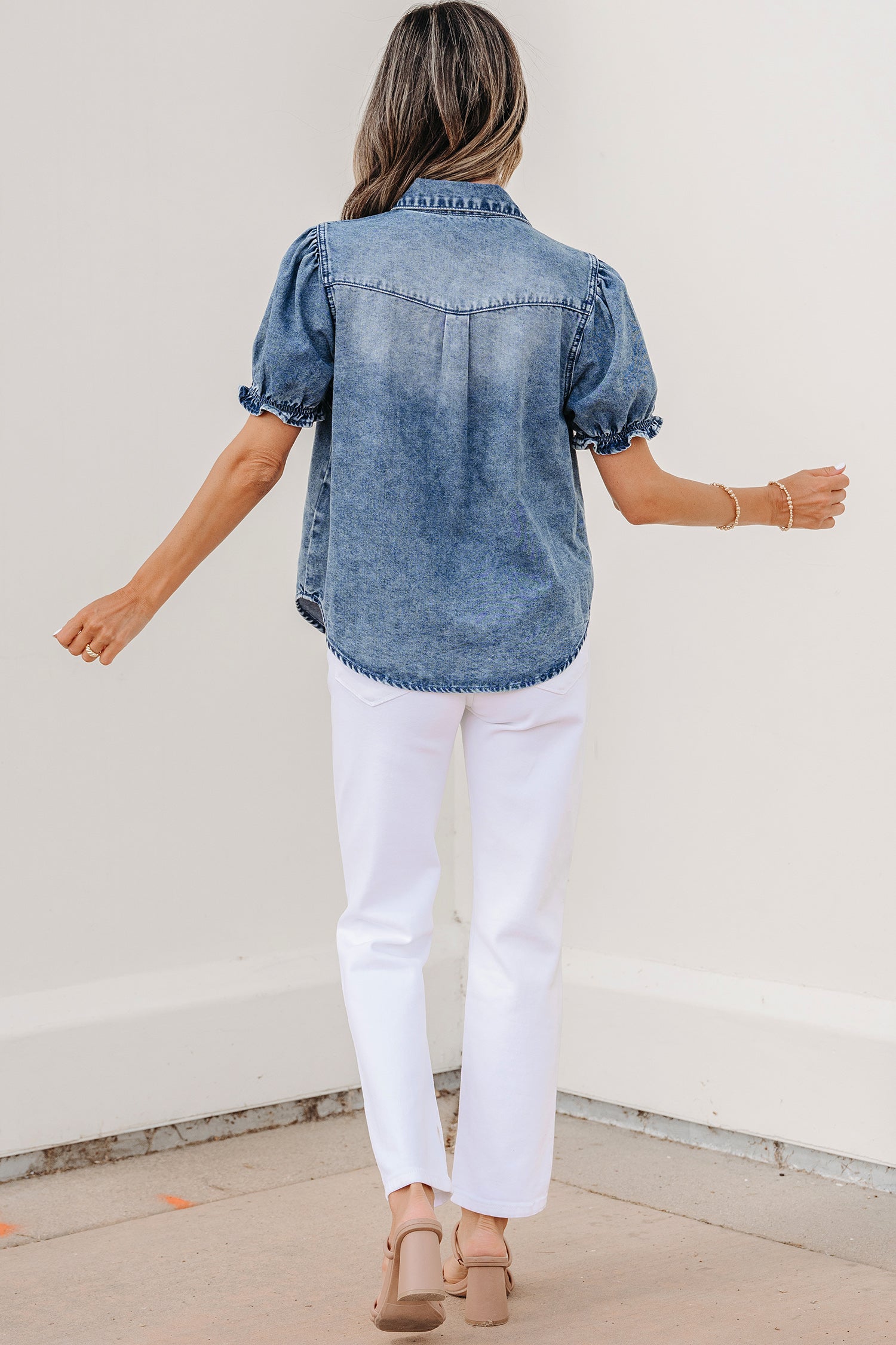 Mid Wash Puff Sleeve Denim Shirt