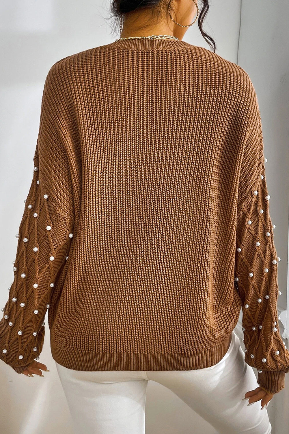 Caramel Beaded Ribbed Knit Sweater
