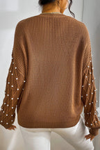 Caramel Beaded Ribbed Knit Sweater