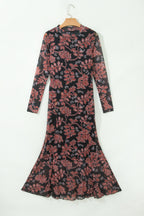 Black Floral Mesh Mermaid Midi Dress