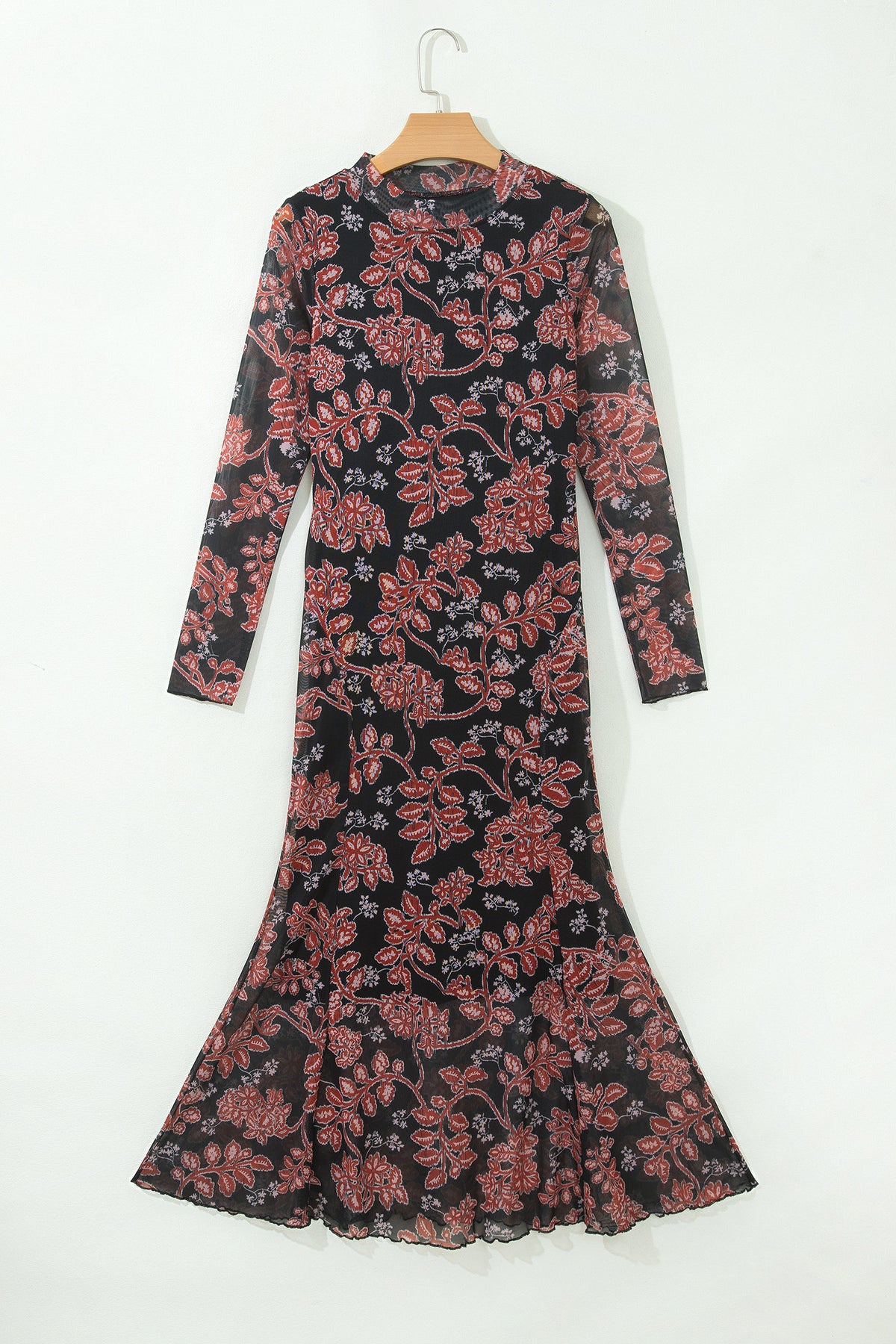 Black Floral Mesh Mermaid Midi Dress