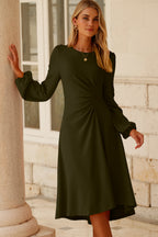 Olive Ruched Waist Balloon Sleeve Midi Dress