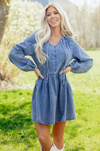 Mid Wash Denim Puff Sleeve Mini Dress