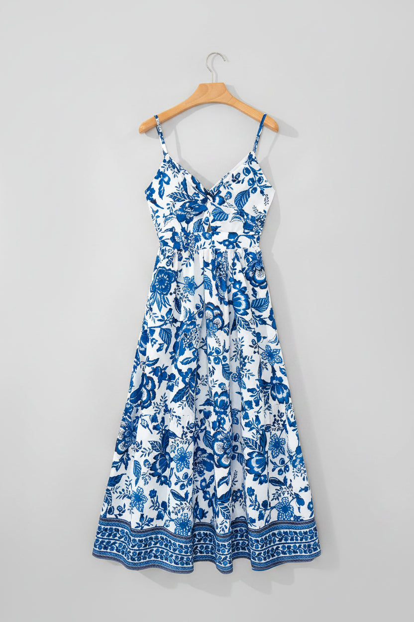 Blue and White Floral Knot Back Maxi Dress