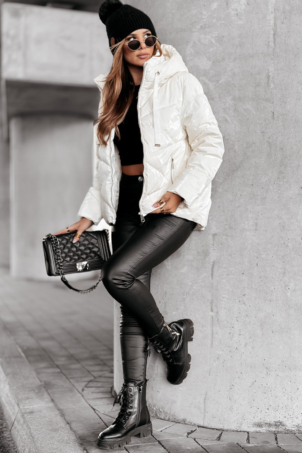 White Glossy Chevron Quilted Puffer Jacket