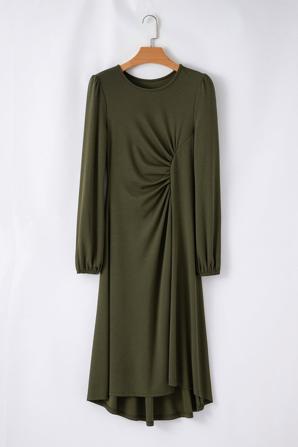 Olive Ruched Waist Balloon Sleeve Midi Dress