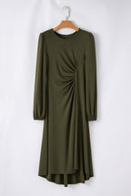 Olive Ruched Waist Balloon Sleeve Midi Dress