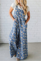 Dusty Blue Floral Wide Leg Overall Jumpsuit