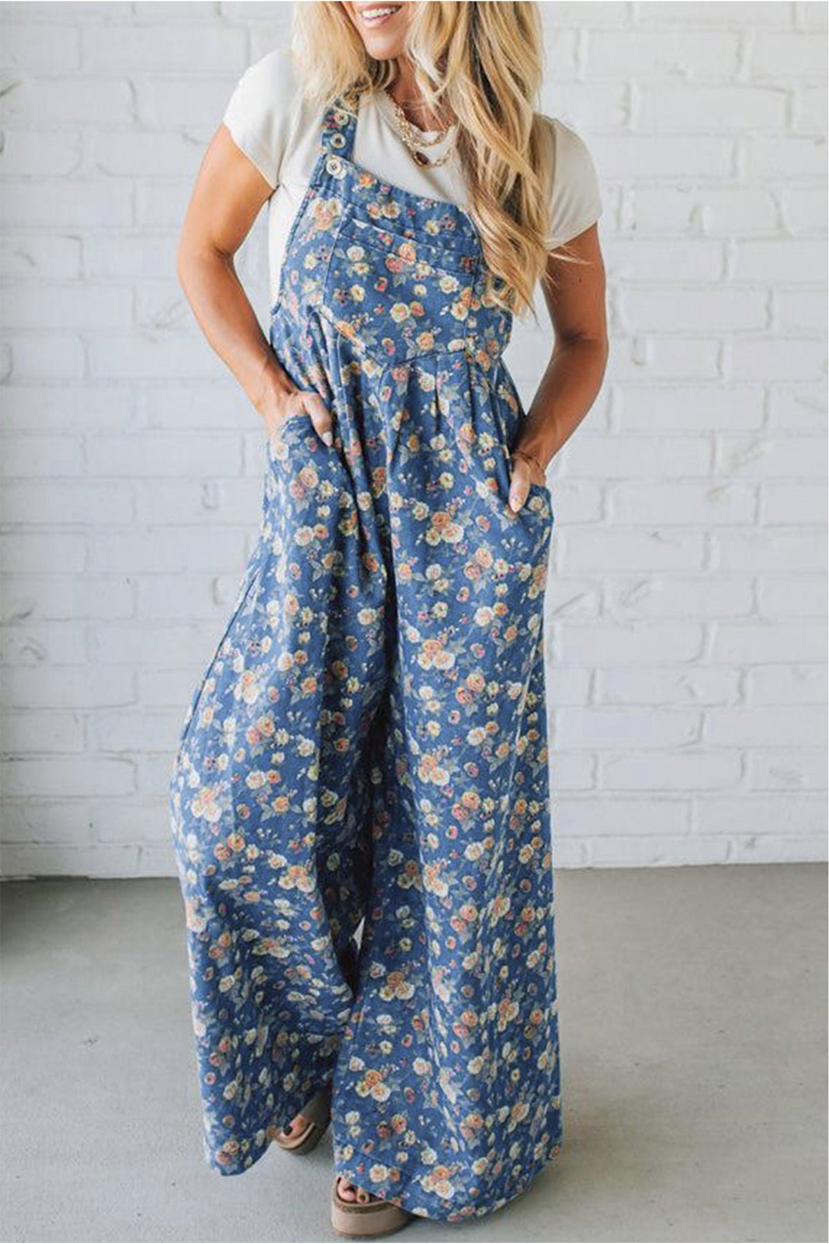 Dusty Blue Floral Wide Leg Overall Jumpsuit