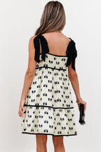 Cream Bow Print Tiered Mini Dress