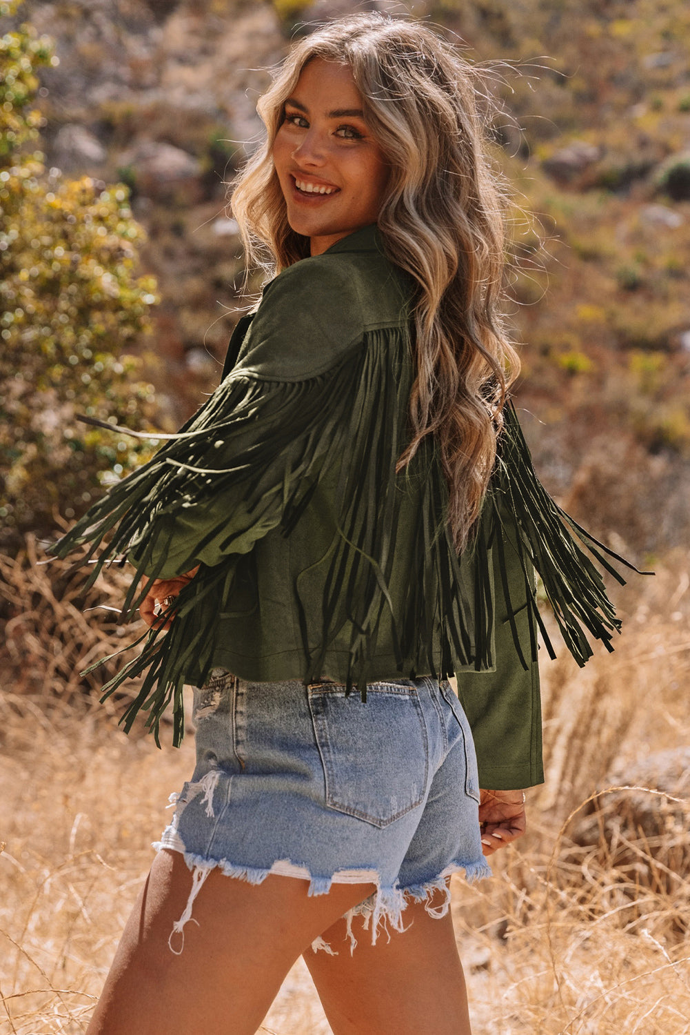 Olive Fringe Faux Suede Cropped Jacket